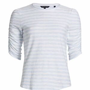 Veronica Beard Waldorf White Tee with Light Blue Stripes and Ruched Sleeves